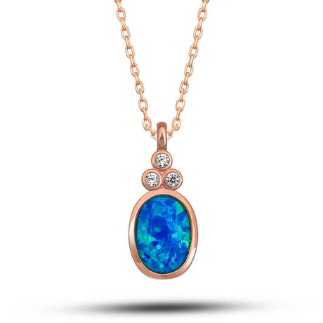Necklace - Rose Gold Tone Blue Opal Oval Pendant with CZ Accents