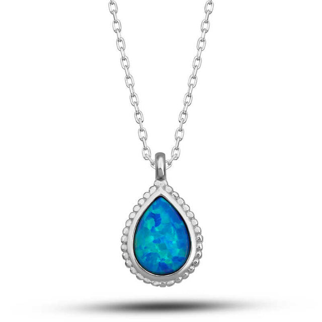 Sterling Silver Blue Opal Teardrop Necklace - Beaded Bezel Design
