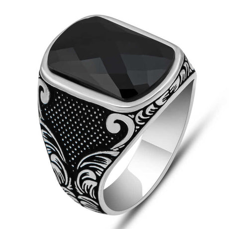 Premium Men's Square Black Zirconia Sterling Silver Ring
