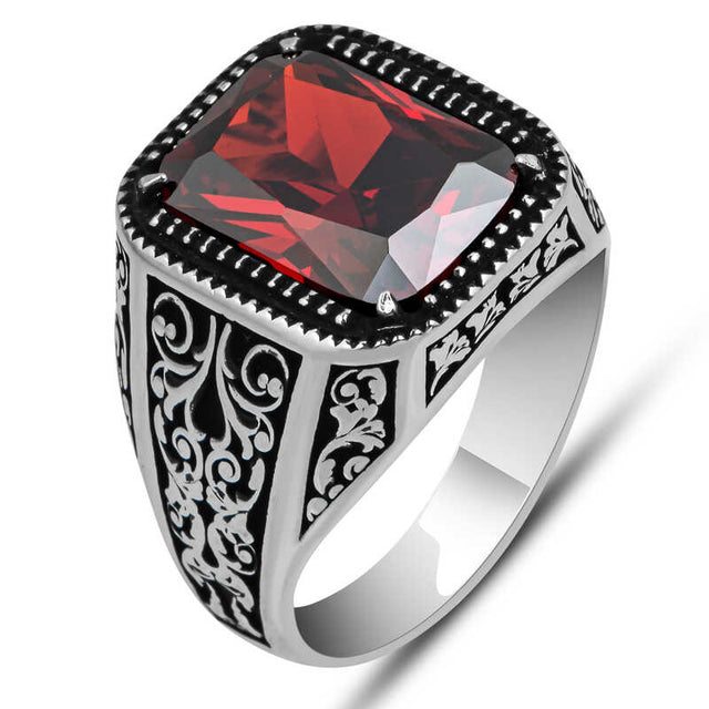 Premium Sterling Silver Men's Square Red Zircon Ring