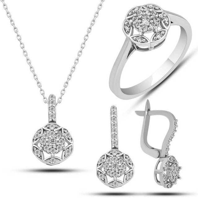 Jewelry Set - Sterling Silver Zircon Floral Cluster