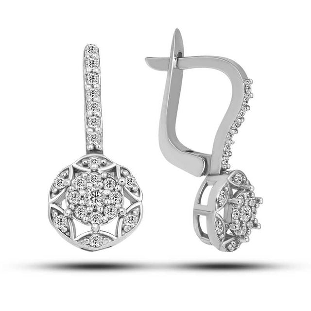 Sterling Silver Zirconia Floral Cluster Drop Earrings