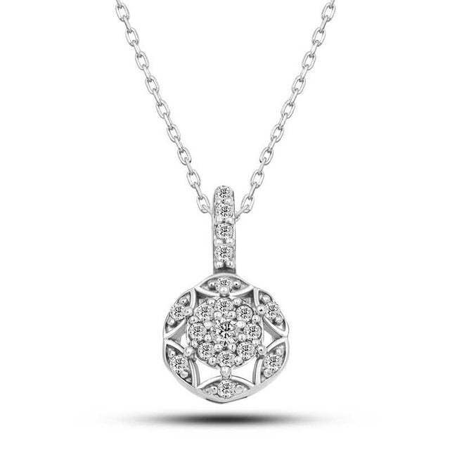 Necklace - Silver-Tone White Zircon Flower Cluster Pendant