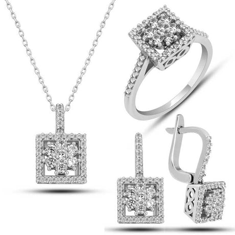 Sterling Silver Zircon Square Halo Cluster Jewelry Set