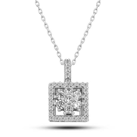 Sterling Silver Sparkling Zirconia Square Cluster Necklace