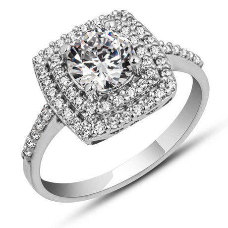 Ring - Silver-Tone Cubic Zirconia Square Halo Solitaire Ring