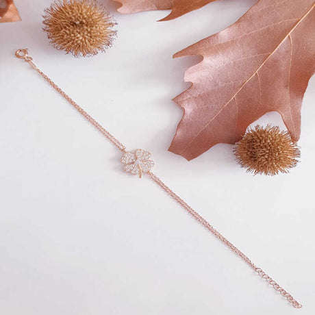 Rose Gold Plated Bracelet - Sparkling Pave Zirconia Four-Leaf Clover