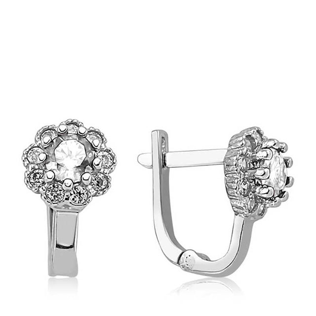 Sterling Silver Floral Cluster Leverback Earrings - Dazzling White Zirconia