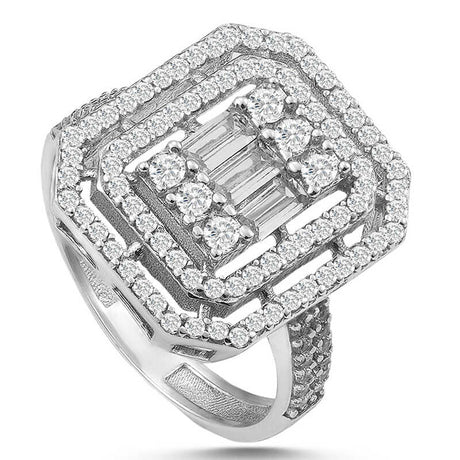 Statement Ring - Sterling Silver Baguette & Round Cubic Zirconia Halo