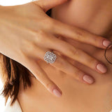 Statement Ring - Sterling Silver Baguette & Round Cubic Zirconia Halo