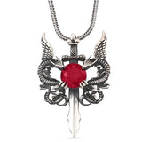 Men's Necklace - Sterling Silver Dragon Sword with Red Gemstone