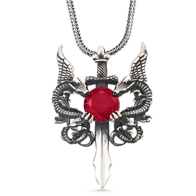 Men's Necklace - Sterling Silver Dragon Sword with Red Gemstone