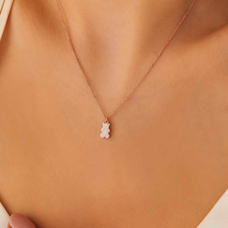 Rose Gold Plated Silver Bear Pendant Necklace - Dainty Enamel Design