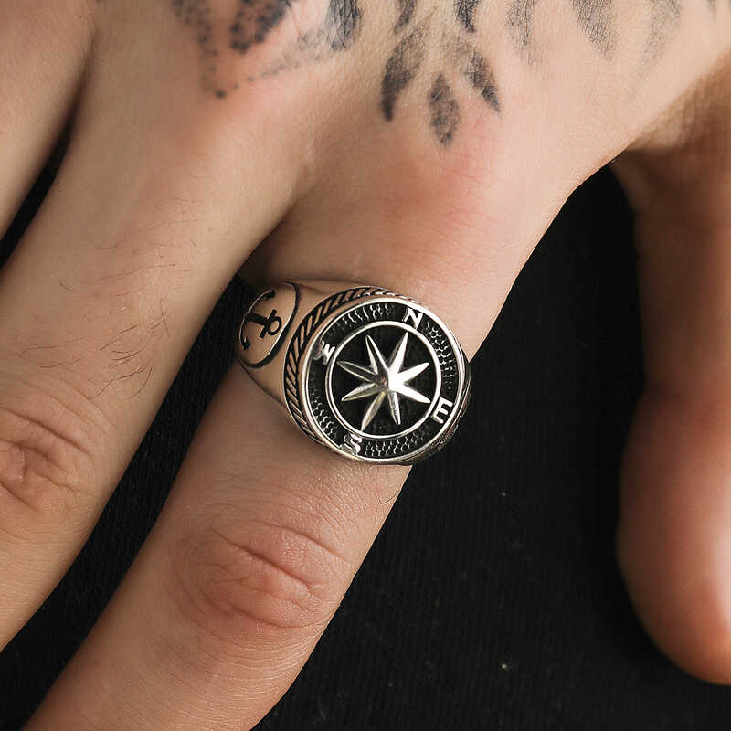 Premium Sterling Silver Compass Anchor Men's Ring