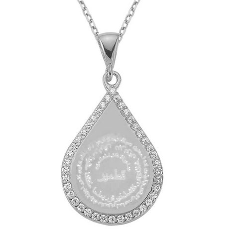 Sterling Silver Teardrop Pendant Necklace - Spiritual Calligraphy & Sparkling Halo