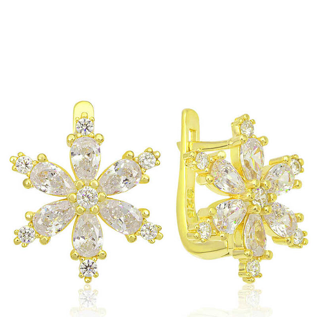 Gold-Plated Sterling Silver Cubic Zirconia Floral Leverback Earrings