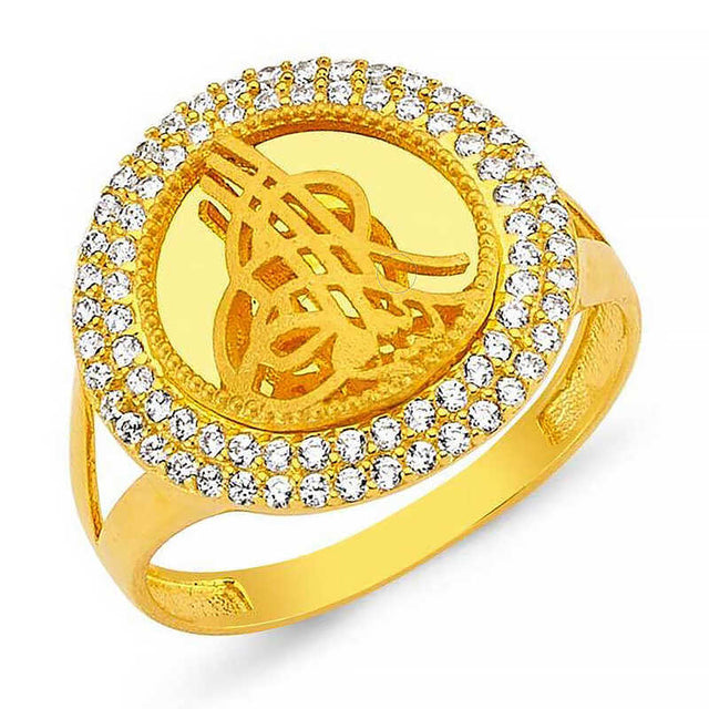 Gold-Tone Tugra Statement Ring - Sparkling Zirconia Pavé
