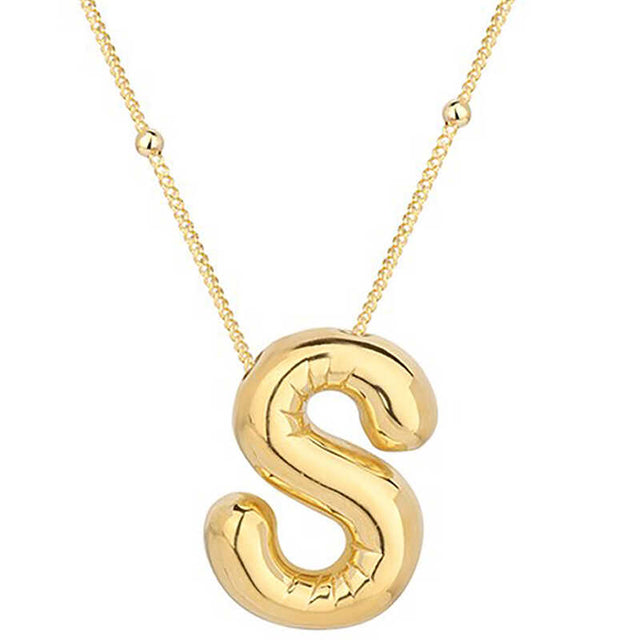 Gold-Tone Initial S Letter Necklace - Puffy Personalized Pendant