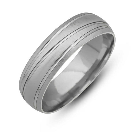 Rhodium Plated Silver Wedding Band - Brushed & Polished Grooved Design