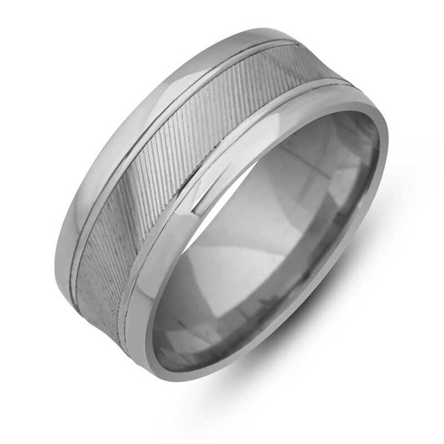 Rhodium Plated Silver Wedding Band - Textured Grooved Design