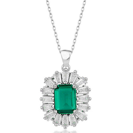 Sterling Silver Emerald Necklace - Dazzling Art Deco Halo Pendant