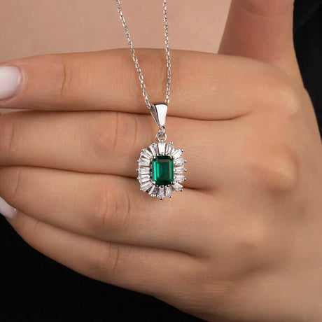 Sterling Silver Emerald Necklace - Dazzling Art Deco Halo Pendant