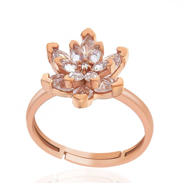 Rose Gold Plated Lotus Flower Ring - White Zirconia Statement