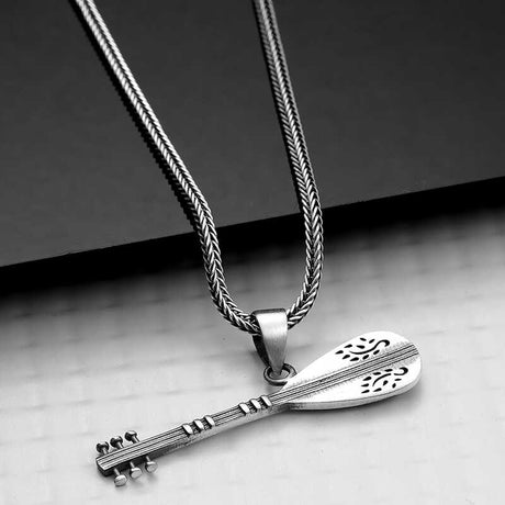 Men's Necklace - Oxidized Sterling Silver Saz Instrument Pendant