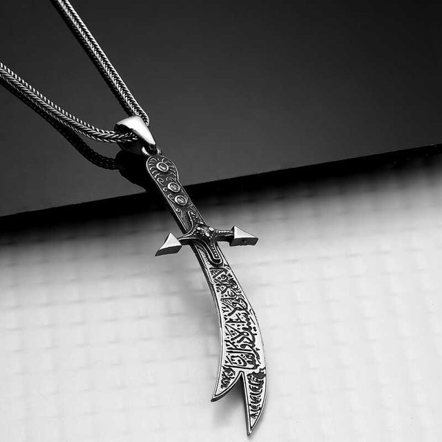 Zulfiqar Sword Statement Necklace - Intricate Calligraphy Silver-Tone Pendant