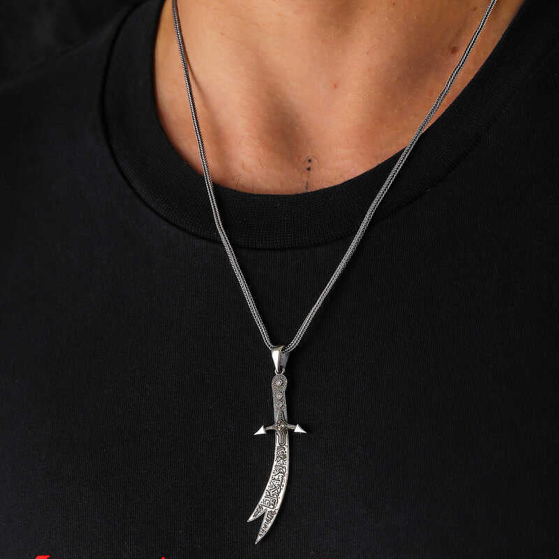Zulfiqar Sword Statement Necklace - Intricate Calligraphy Silver-Tone Pendant
