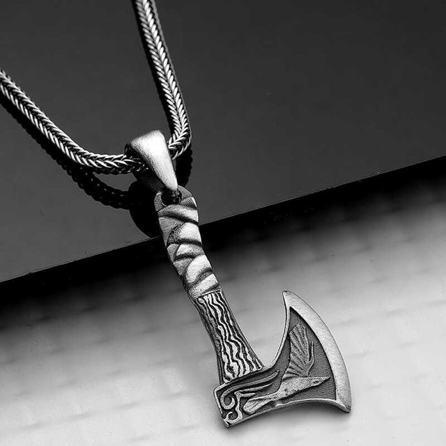Necklace - Silver-Tone Viking Axe Pendant with Raven Design