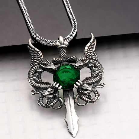Men's Sterling Silver Necklace - Green Stone Dragon Sword Pendant