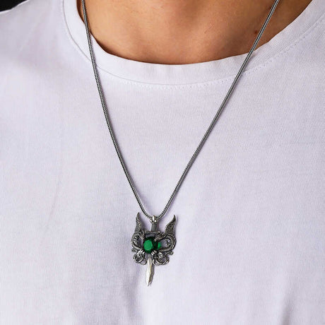 Men's Sterling Silver Necklace - Green Stone Dragon Sword Pendant