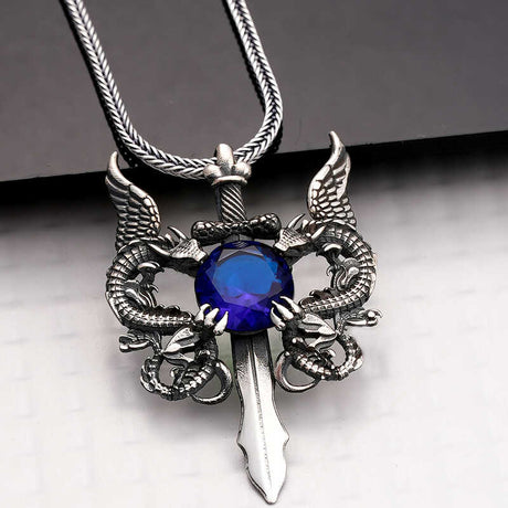 Sterling Silver Dragon Sword Necklace - Blue Gemstone Pendant