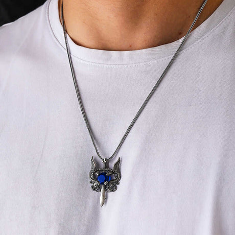 Sterling Silver Dragon Sword Necklace - Blue Gemstone Pendant