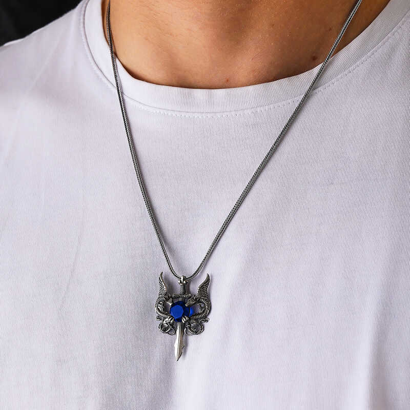 Sterling Silver Dragon Sword Necklace - Blue Gemstone Pendant