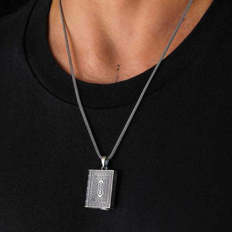 Necklace - Oxidized Silver-Tone Intricate Book Amulet Locket Pendant