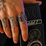 Premium Silver Men's Ring with Maroon Enamel and Artisan Patterns