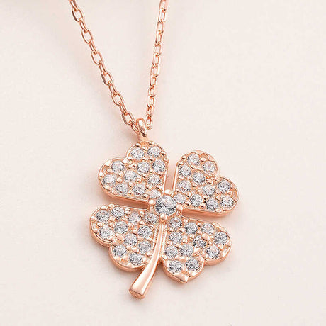 Rose Gold Plated Sterling Silver Sparkling Four-Leaf Clover Necklace
