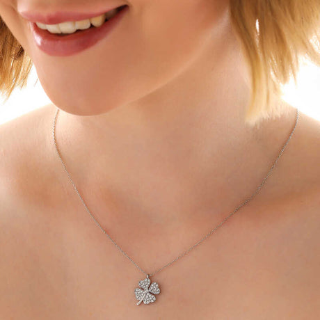 Necklace - Sterling Silver Sparkling Four-Leaf Clover Pendant