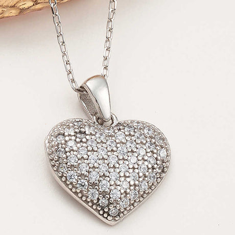 Sterling Silver Heart Necklace - Pave Set Cubic Zirconia Pendant