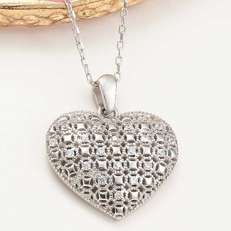 Necklace - Sterling Silver Domed Heart Pendant with Sparkling Cubic Zirconia