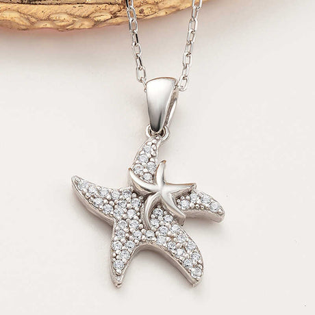 Sterling Silver Starfish Necklace - Sparkling Zirconia Ocean Charm