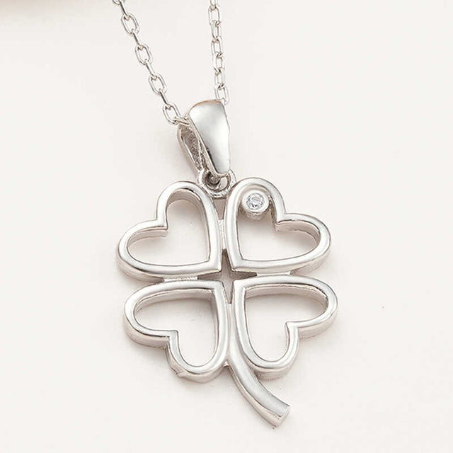 Necklace - Sterling Silver Four-Leaf Clover Heart Pendant with Accent Stone