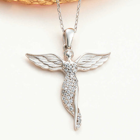 Sterling Silver Angel Wing Necklace - Dazzling Cubic Zirconia Pendant