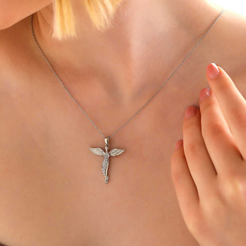 Sterling Silver Angel Wing Necklace - Dazzling Cubic Zirconia Pendant