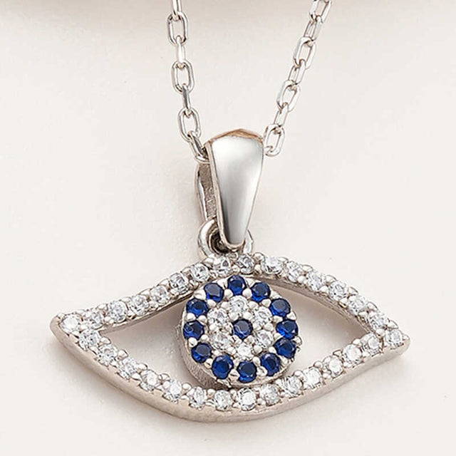 Sterling Silver Evil Eye Necklace - Dainty Zircon & Blue CZ