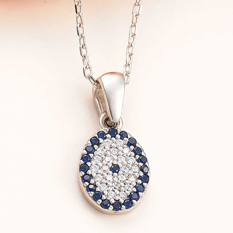 Necklace - Sterling Silver Oval Evil Eye Pendant with Sparkling Zirconia