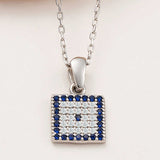Sterling Silver Square Evil Eye Necklace - Dainty Blue & White CZ