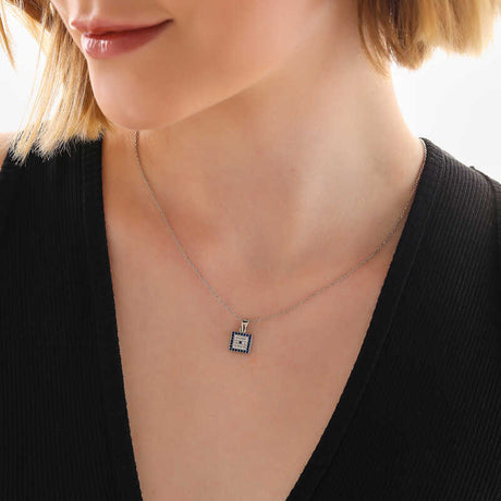 Sterling Silver Square Evil Eye Necklace - Dainty Blue & White CZ